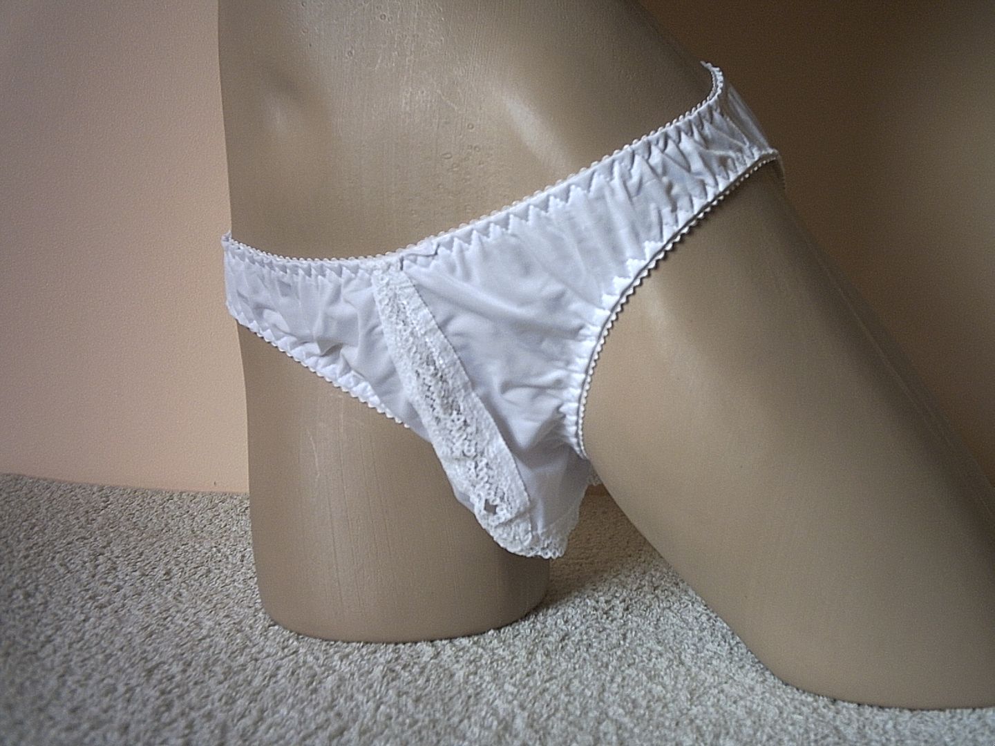 Mens Sexy White Silky Crotchless Frilly Bikini Briefs Pants Knickers